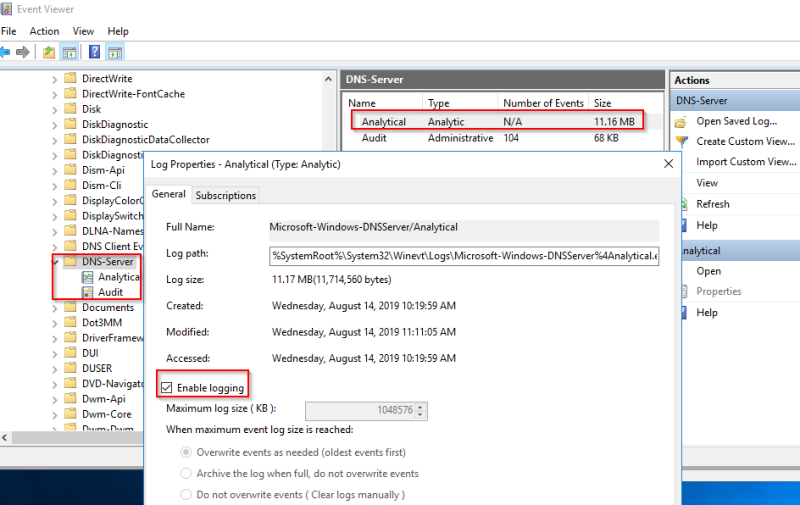 Activation of DNS detailed logging screenshot