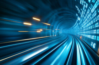Futuristic digital tunnel with motion blur and binary code. Concept of fast data transfer and advanced technology.