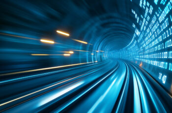 Futuristic digital tunnel with motion blur and binary code. Concept of fast data transfer and advanced technology.
