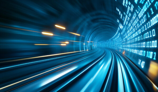 Futuristic digital tunnel with motion blur and binary code. Concept of fast data transfer and advanced technology.